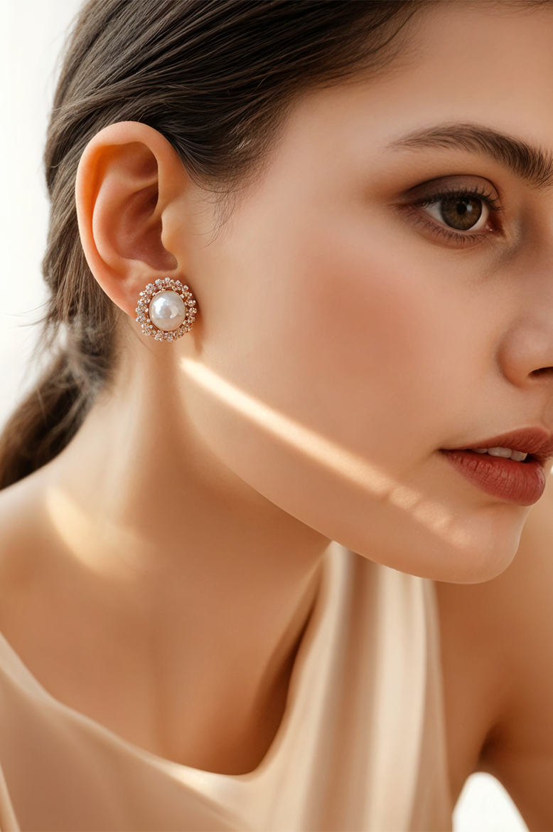 Lustrous Pearl & Diamond Halo Stud Earrings
