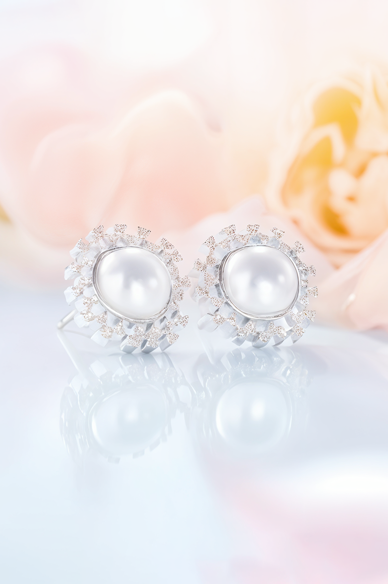 Lustrous Pearl & Diamond Halo Stud Earrings