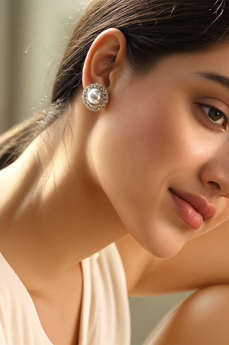 Lustrous Pearl & Diamond Halo Stud Earrings