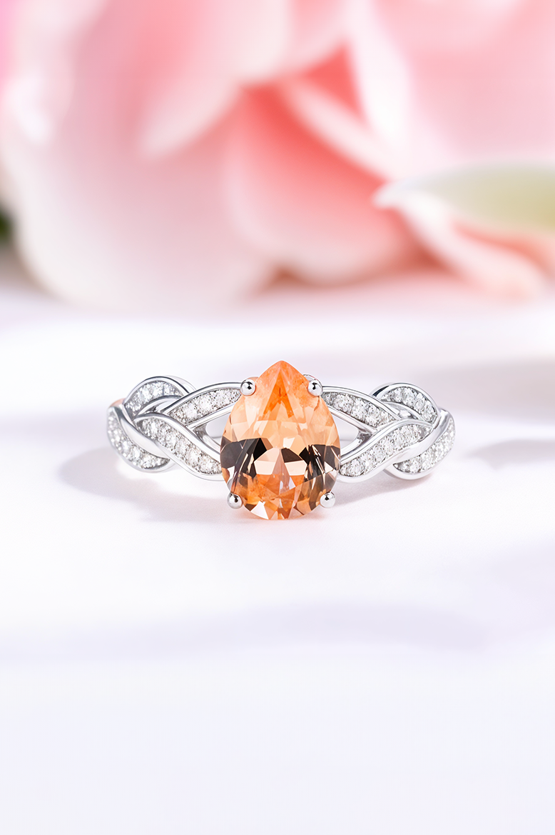 Champagne Sparkle Teardrop 92.5 Sterling Silver Ring