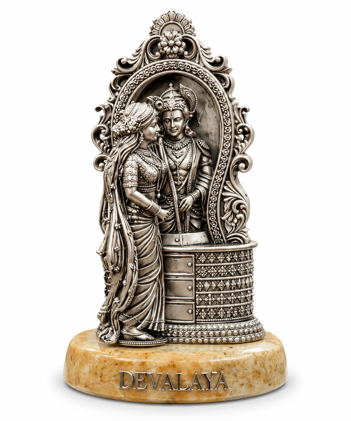 Devalaya Radha Krishna Idol | Divine Couple Antique Silver Finish Statue