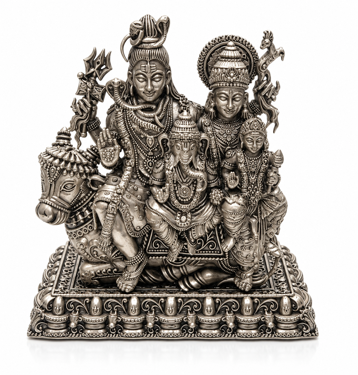 Shiv Parivar Silver Idol – Intricately Detailed Shiv Parivar Murti with Ornate Pedestal