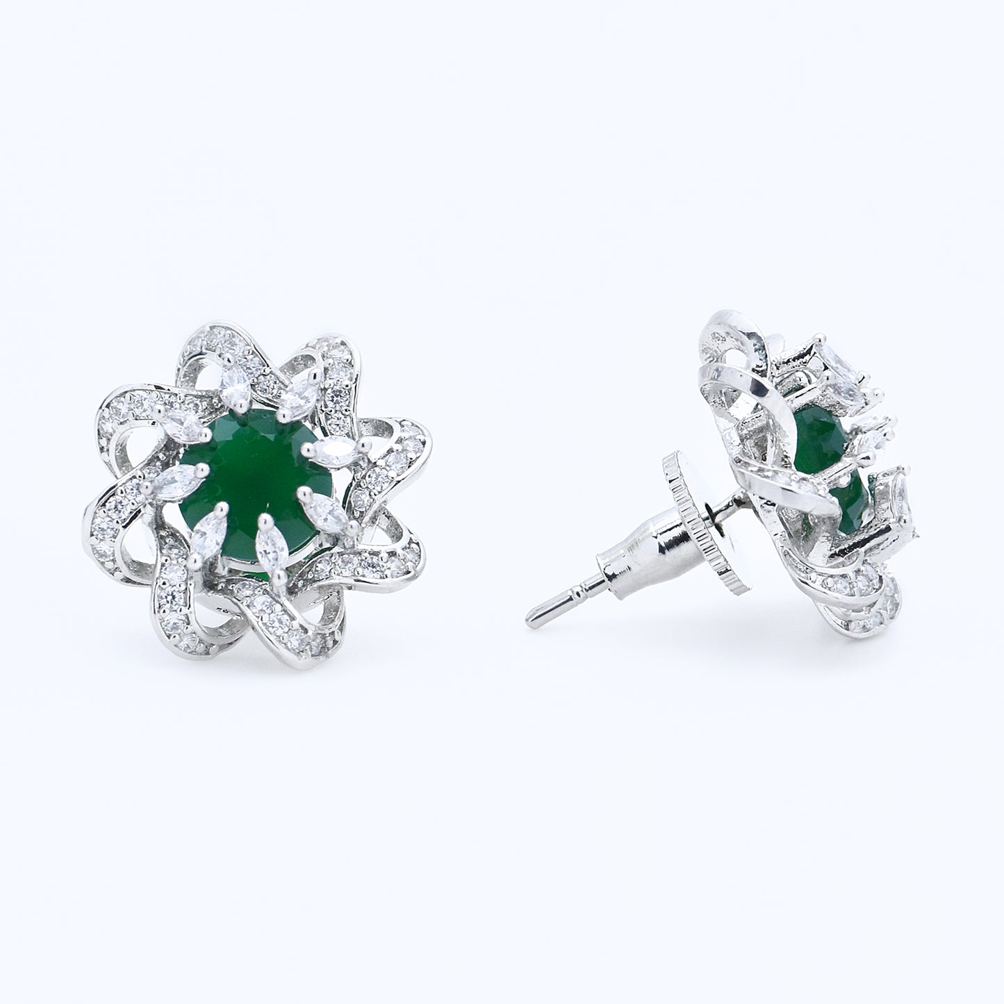 Emerald & Diamond Floral Stud Earrings