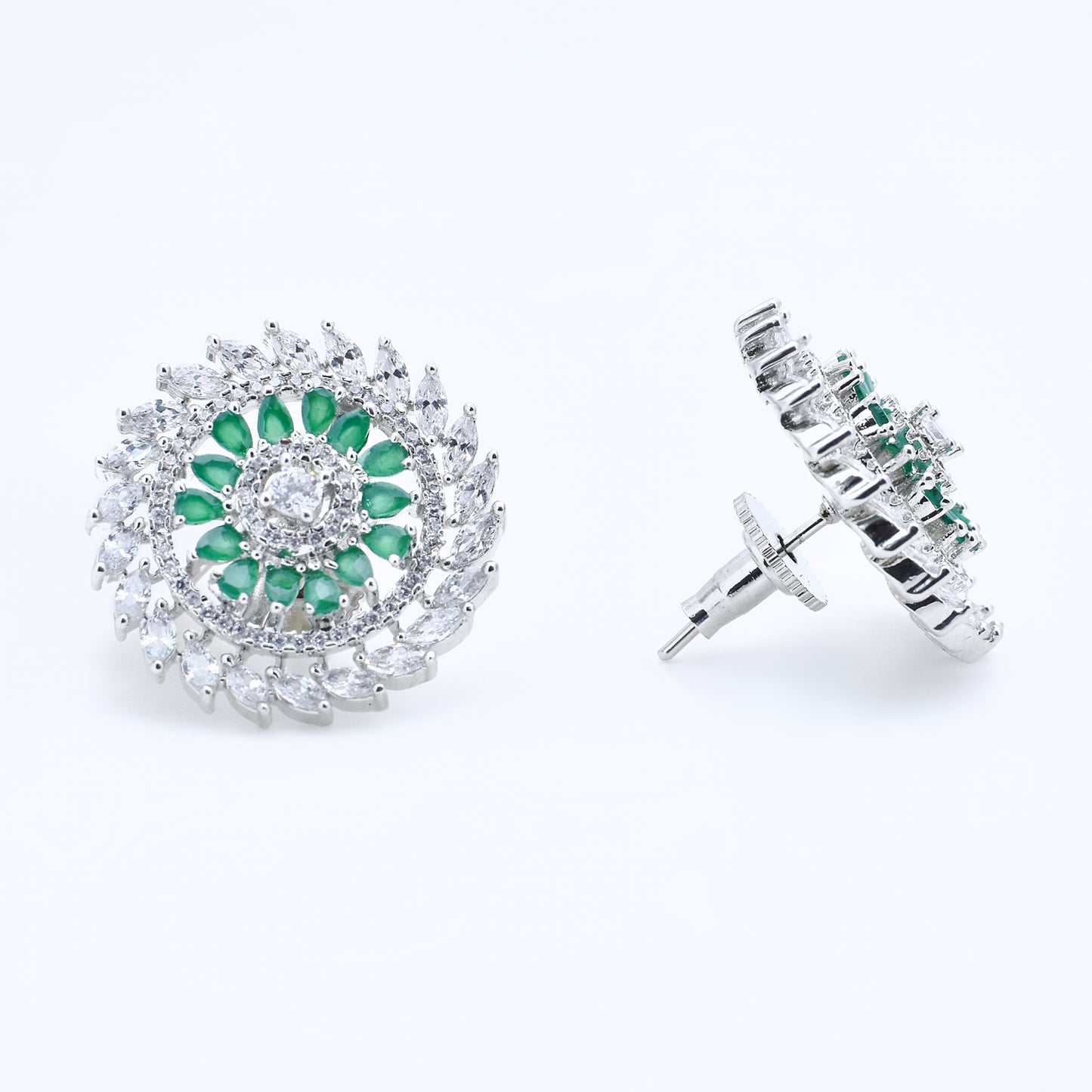 Emerald & Diamond Floral Stud Earrings
