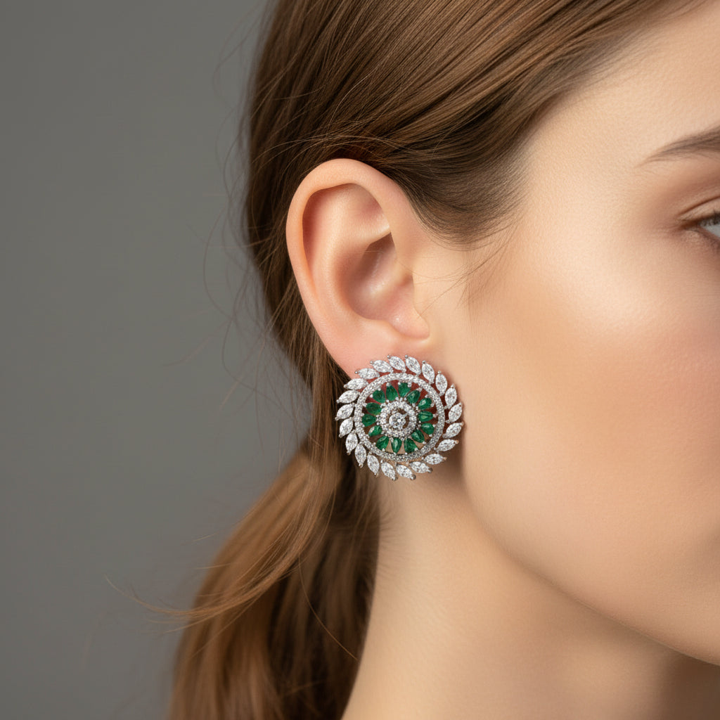 Emerald & Diamond Floral Stud Earrings