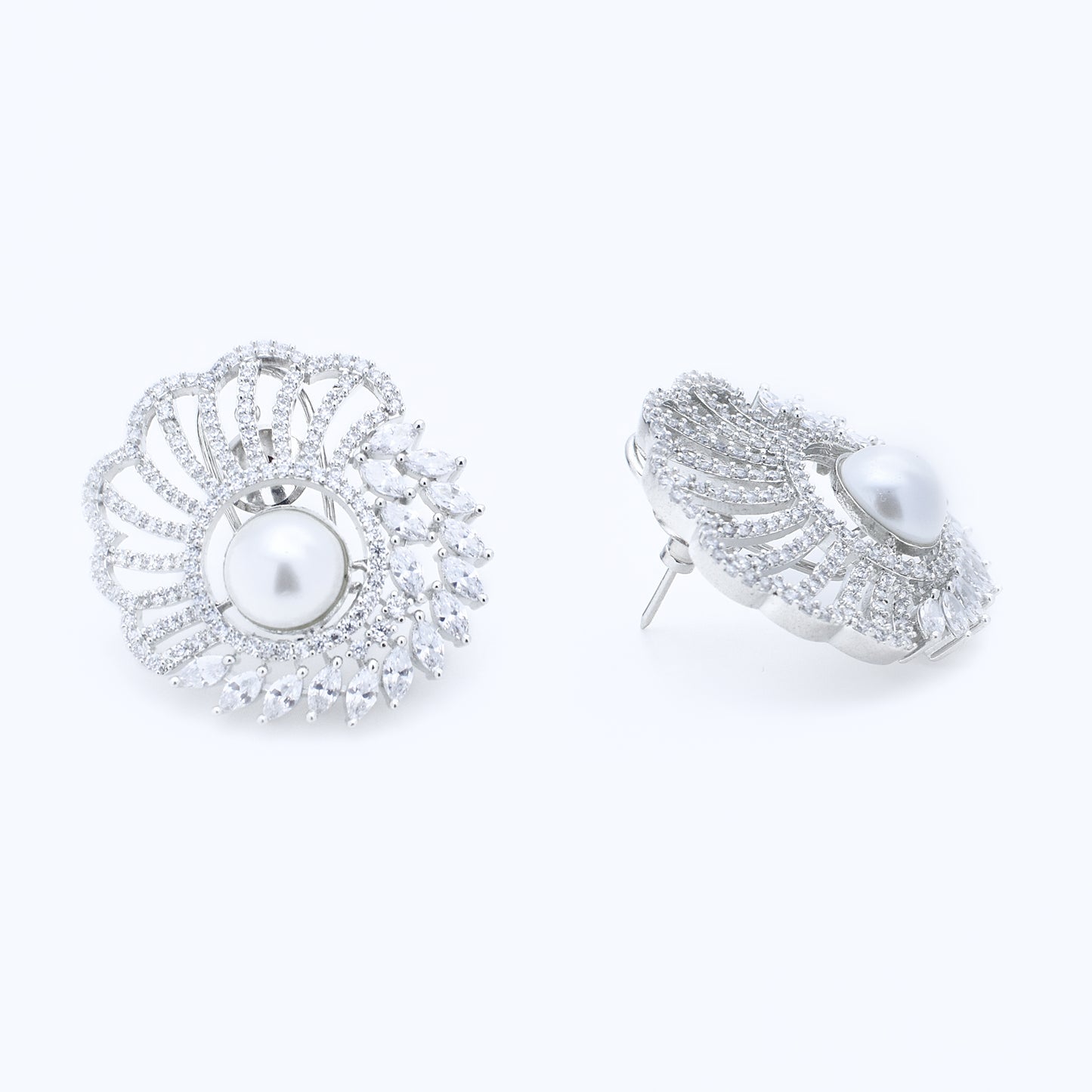 Lustrous Pearl & Diamond Floral Stud Earrings