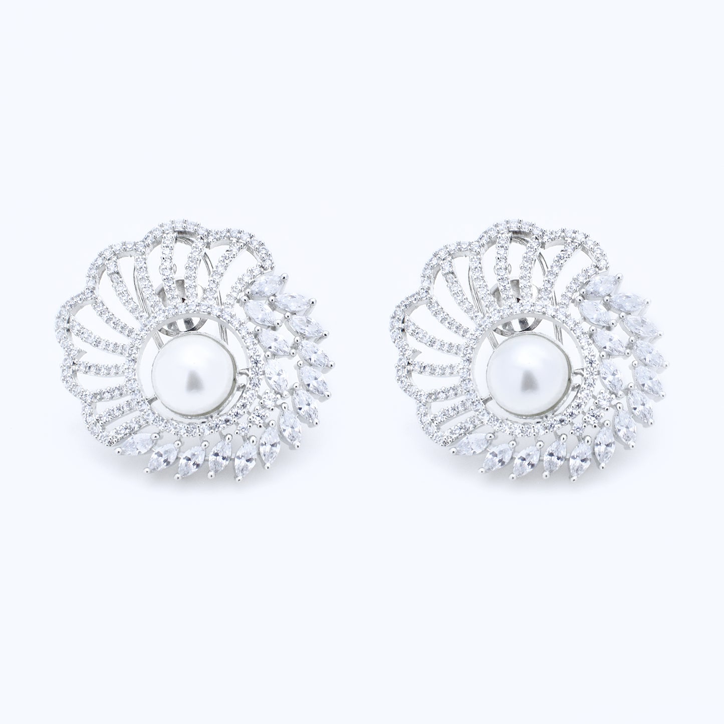 Lustrous Pearl & Diamond Floral Stud Earrings