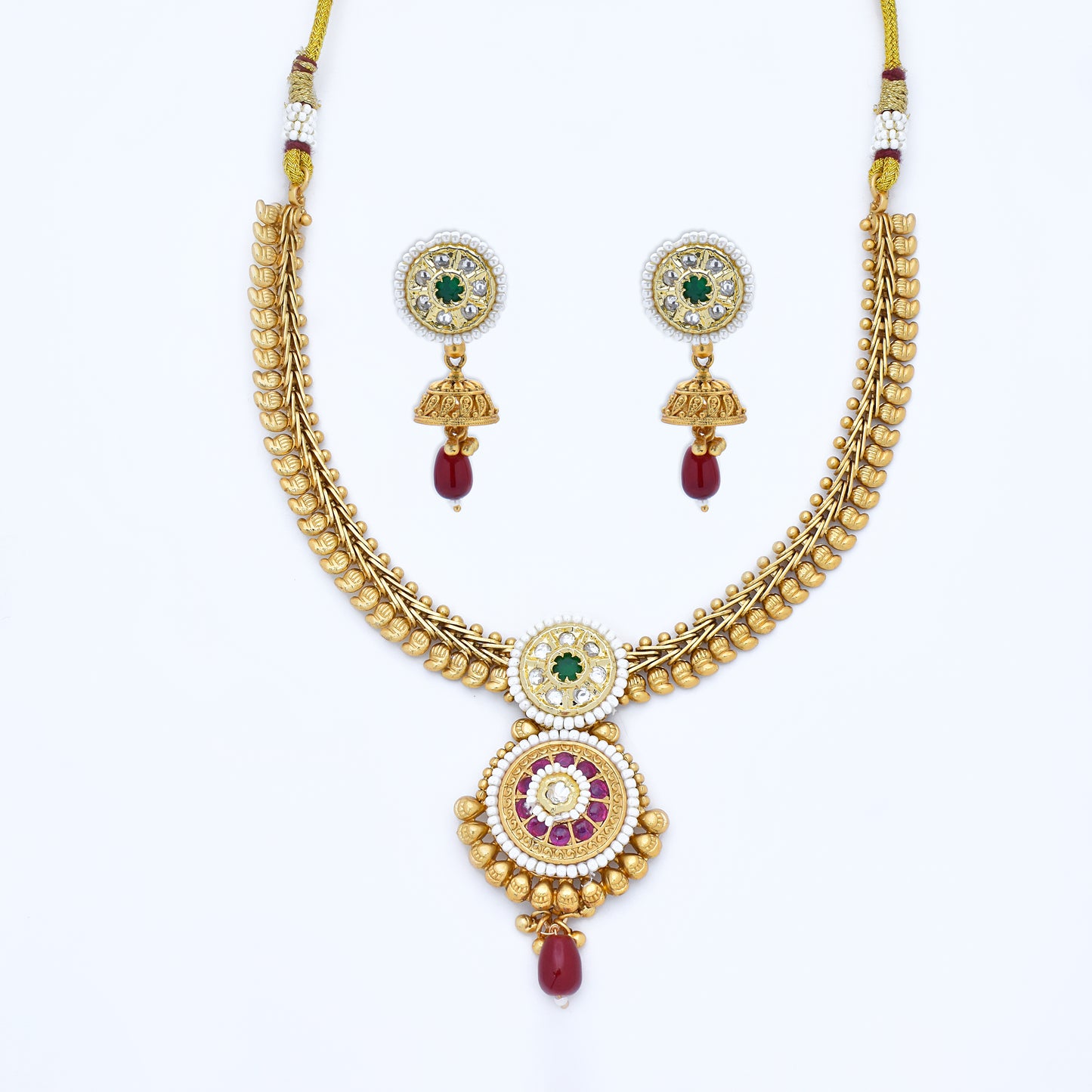 Antique Gold Necklace Set with Emerald and Ruby Drops