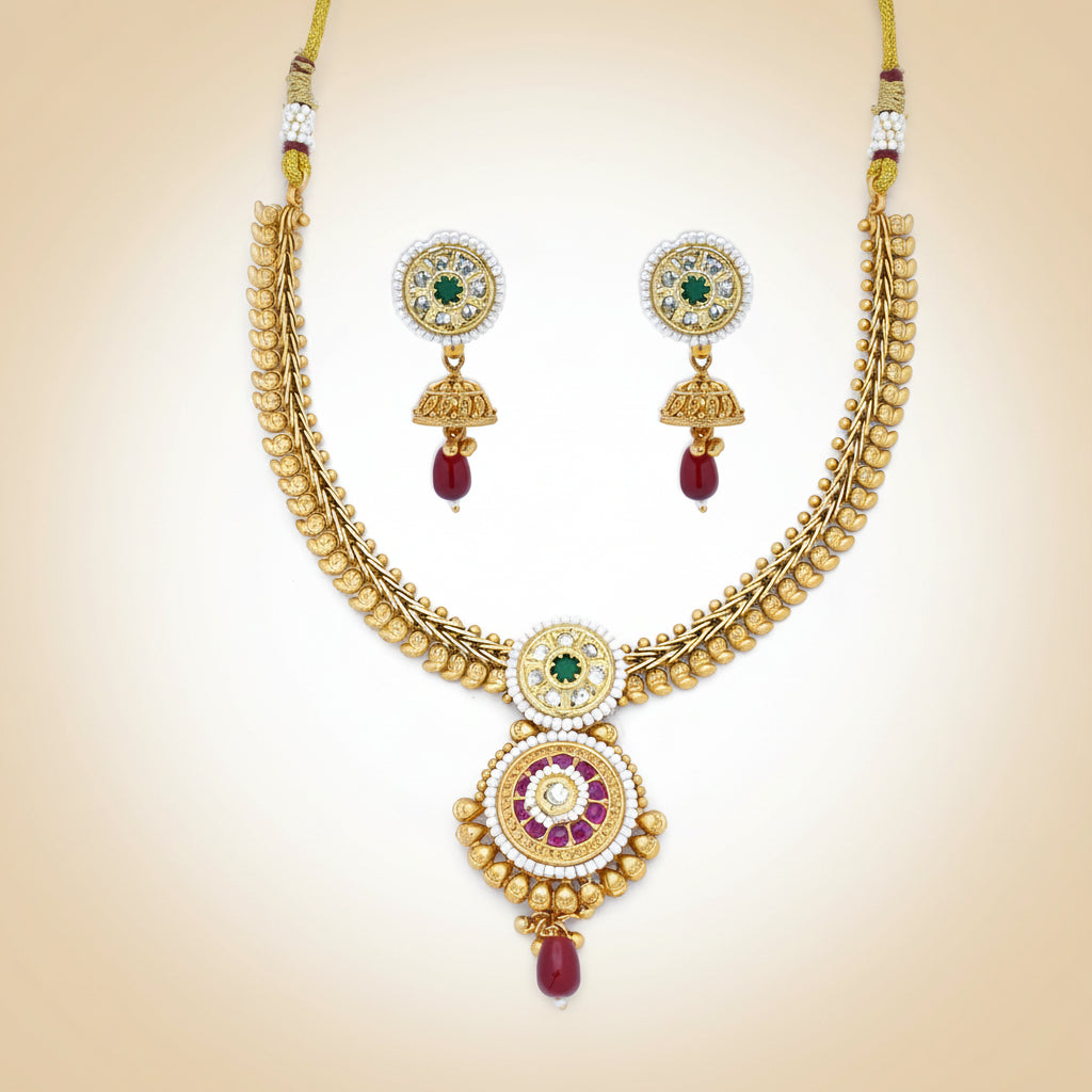 Antique Gold Necklace Set with Emerald and Ruby Drops