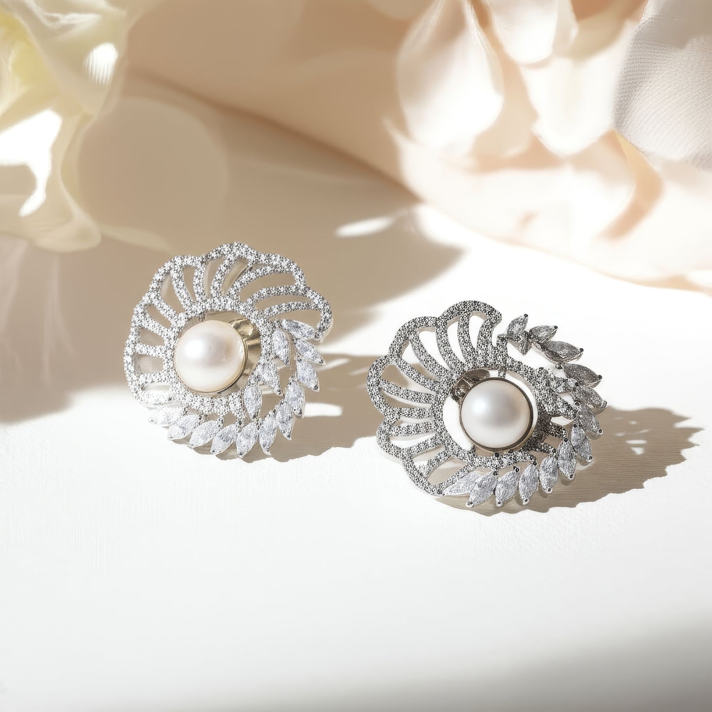 Lustrous Pearl & Diamond Floral Stud Earrings
