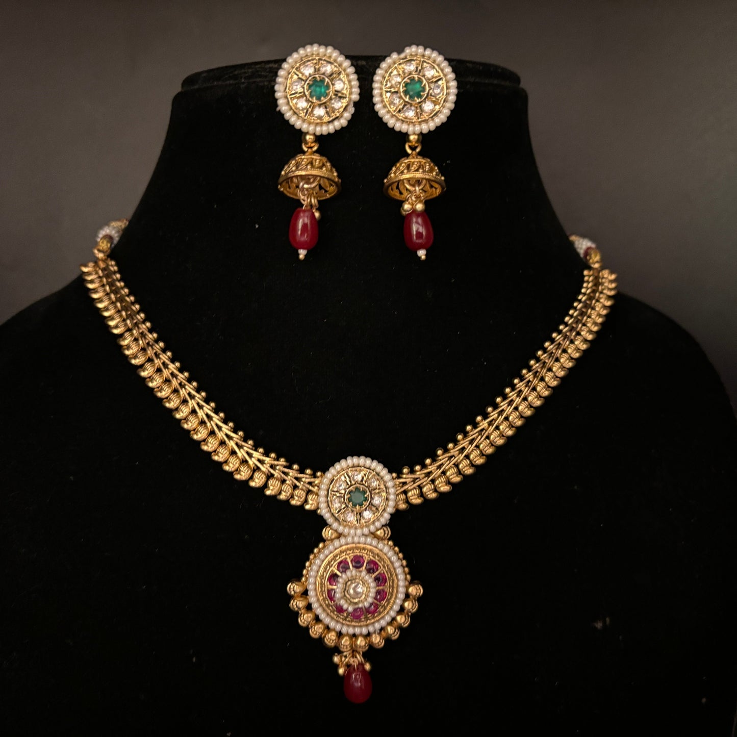 Antique Gold Necklace Set with Emerald and Ruby Drops