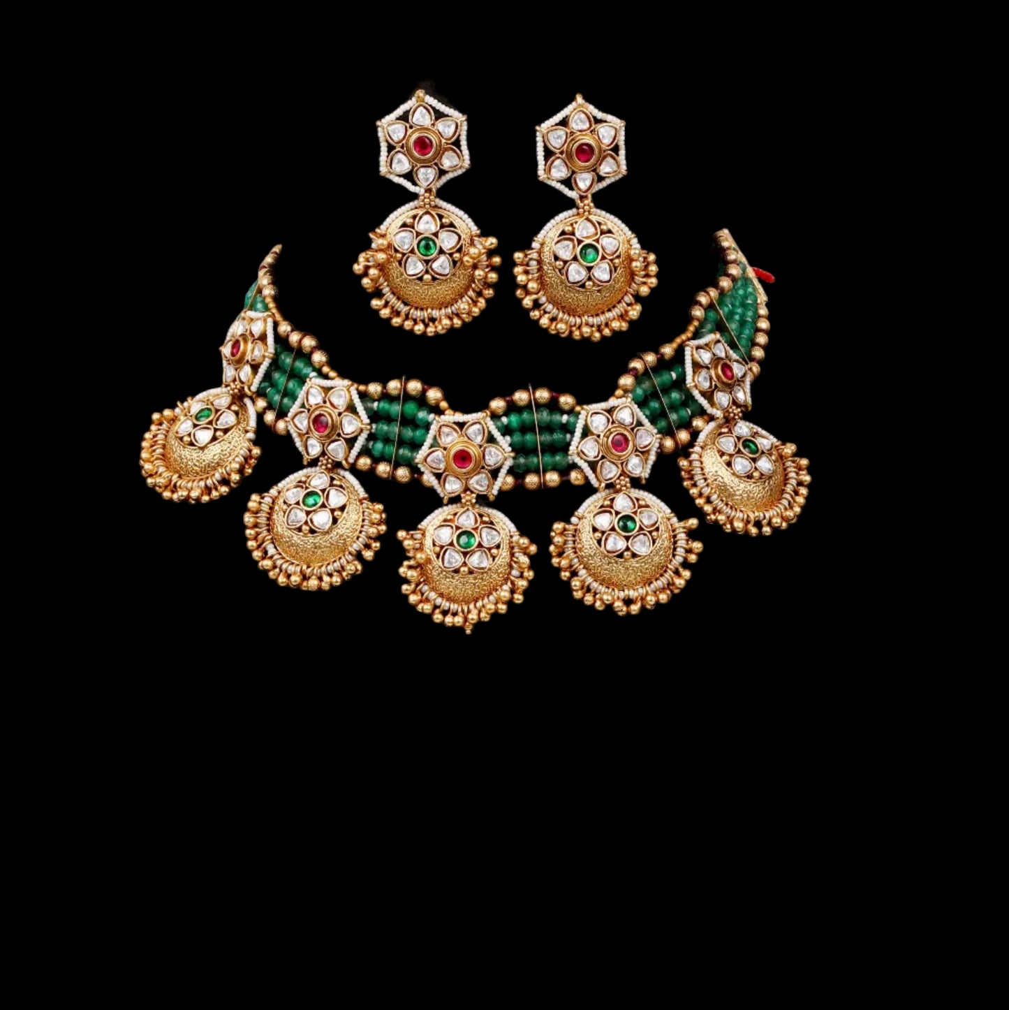 Regal Kundan Gold Necklace Set with Green Beads