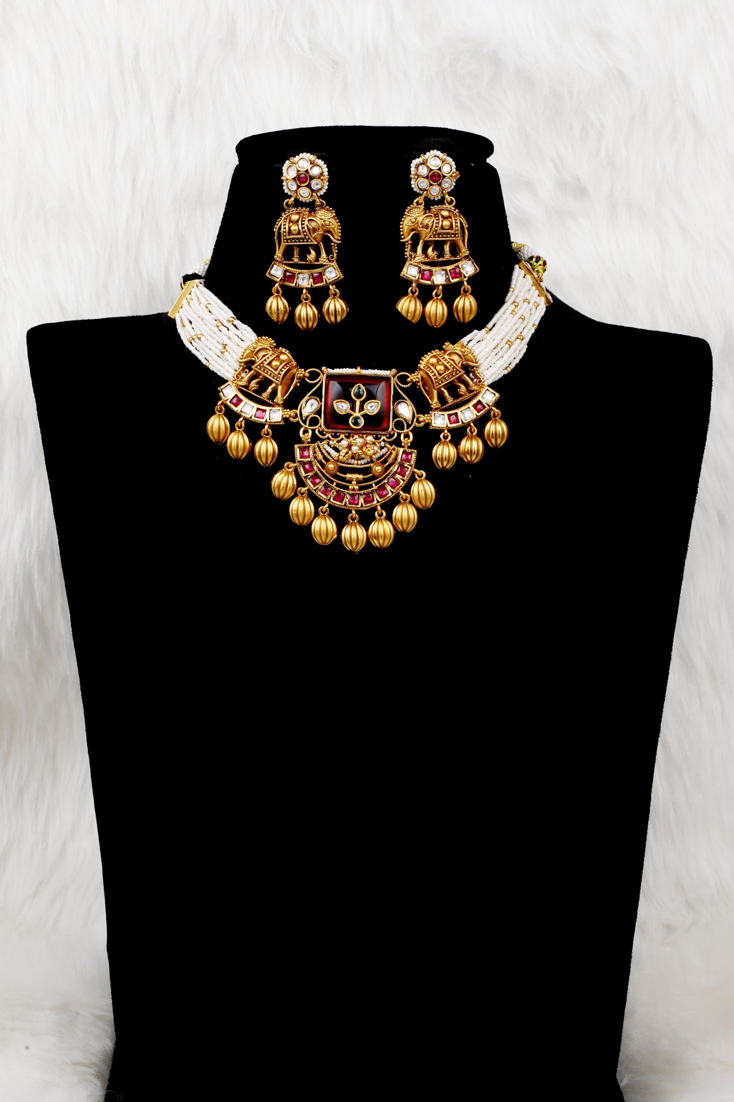Royal Elephant Motif Choker Set with Pearl Strands