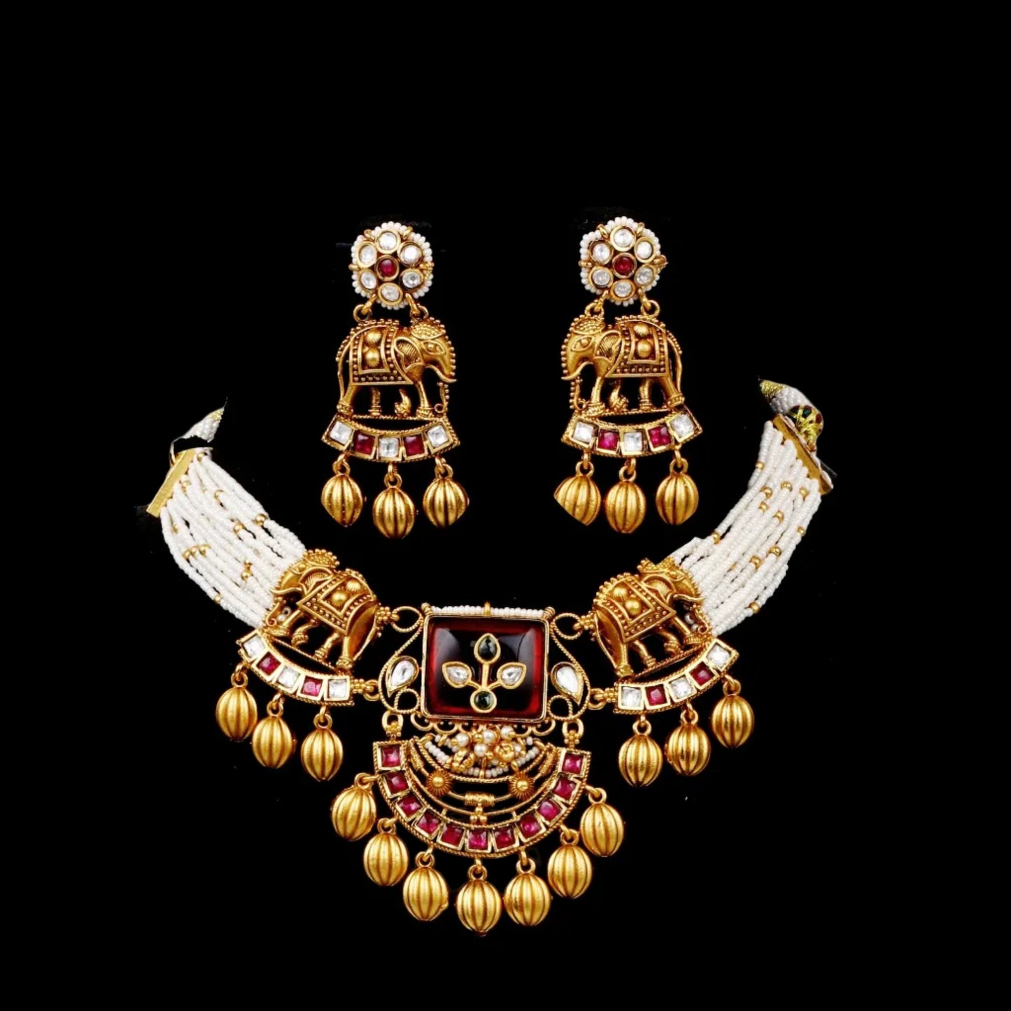 Royal Elephant Motif Choker Set with Pearl Strands