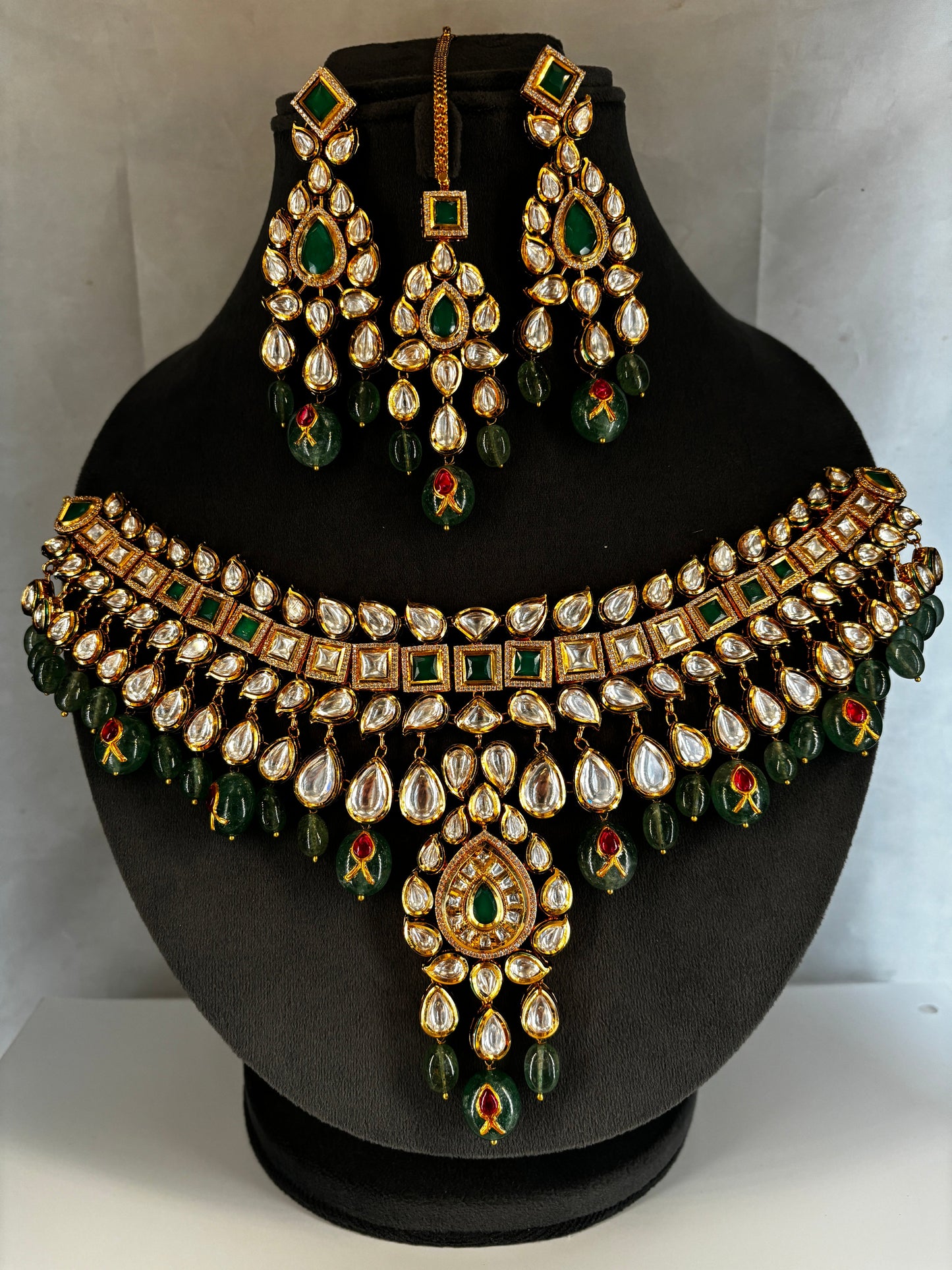 Grand Polki Bridal Necklace Set with Green Beads