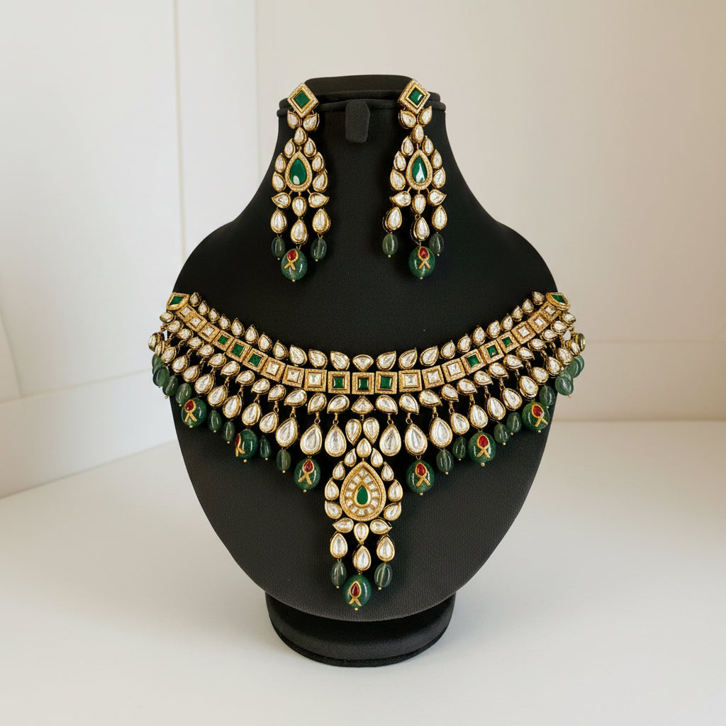 Grand Polki Bridal Necklace Set with Green Beads