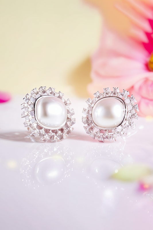 Lustrous Pearl & Diamond Halo Stud Earrings