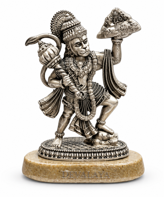 Devalaya Antique Silver-Finish Hanuman Ji Idol with Gada & Sanjeevani Parvat | Spiritual Home Decor & Gifting
