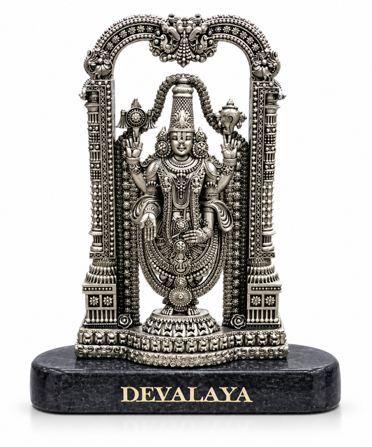 Devalaya Tirupati Balaji Idol | Antique Silver Finish Lord Venkateswara Murti with Ornate Temple Arch