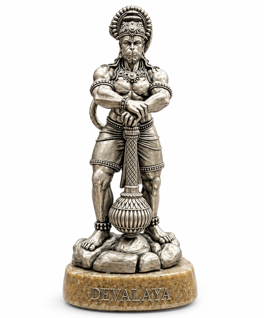 Devalaya Veer Hanuman Ji Idol with Gada | Antique Silver-Finish Hanuman Statue for Home Temple, Office & Gifting