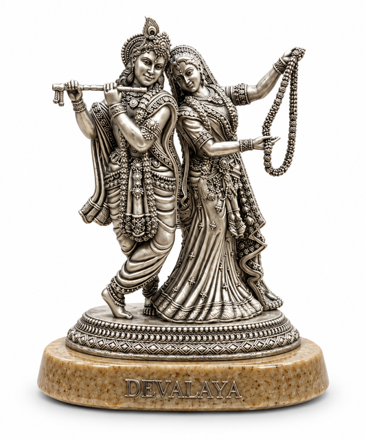 Devalaya Radha Krishna Idol – Antique Silver Finish | Traditional Divine Couple Statue