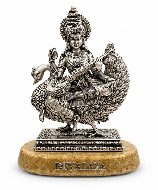 Devalaya Maa Saraswati Ji Idol with Veena & Swan | Antique Silver Finish | Divine Home Temple & Décor