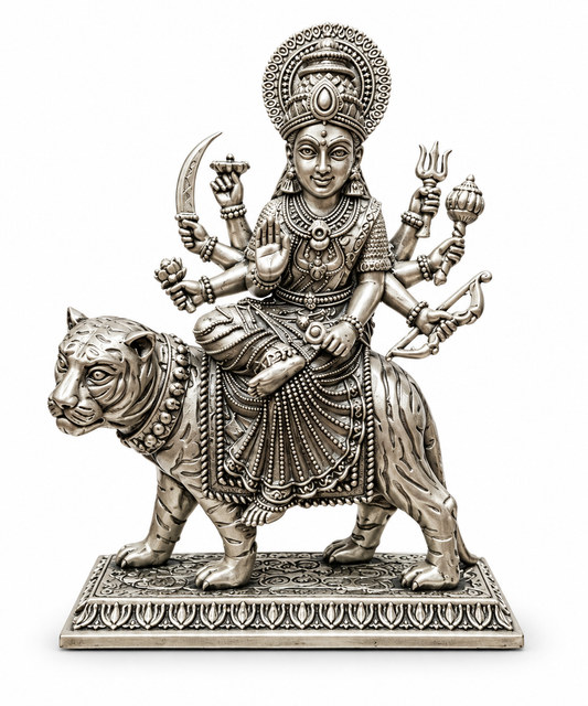 Devalaya Maa Durga Ji Idol with Tiger | Antique Silver Finish