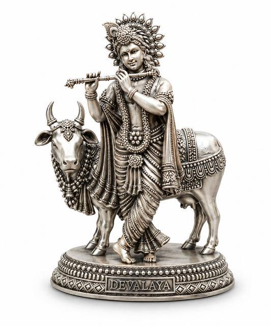 Devalaya Shri Krishna with Cow & Flute Idol | Antique Silver Finish