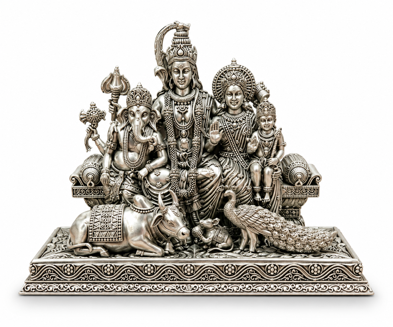 Devalaya Shiva Parivar idol featuring Lord Shiva, Maa Parvati, Lord Ganesha and Kartikeya in an intricate antique silver finish