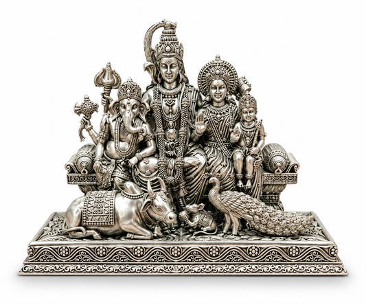 Devalaya Shiva Parivar idol featuring Lord Shiva, Maa Parvati, Lord Ganesha and Kartikeya in an intricate antique silver finish
