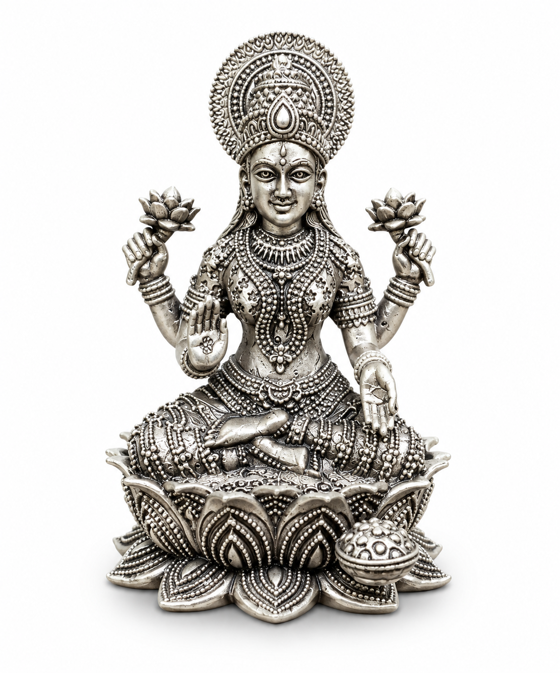 Devalaya Maa Lakshmi Ji Idol | Antique Silver Finish Lakshmi Murti Seated on Lotus