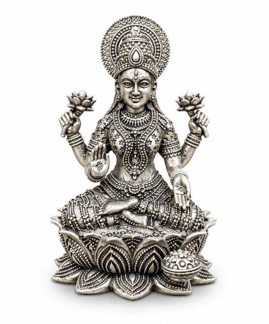 Devalaya Maa Lakshmi Ji Idol | Antique Silver Finish Lakshmi Murti Seated on Lotus