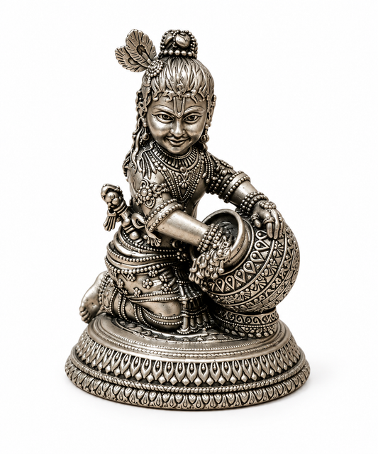 Bal Gopal Krishna with Makhan Matki – Antique Silver Finish Idol
