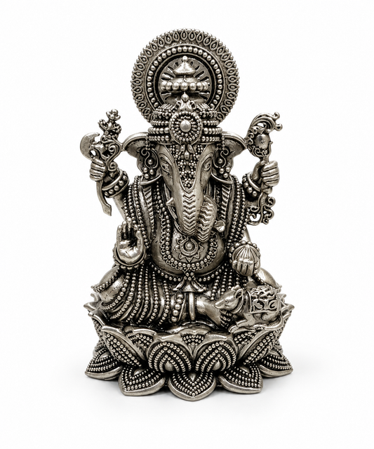 Antique Silver Finish Lord Ganesha Idol | Intricate Lotus Base