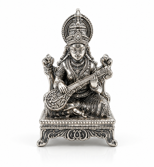 Divine Maa Saraswati Silver Idol with Veena | Exquisite Spiritual Decor