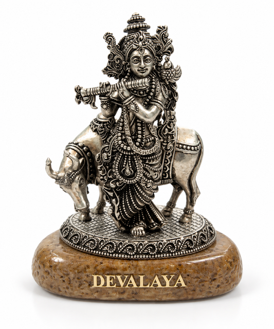 Shri Krishna Silver Idol with Cow | Intricate Antique Finish | Devalaya by Jewelestial