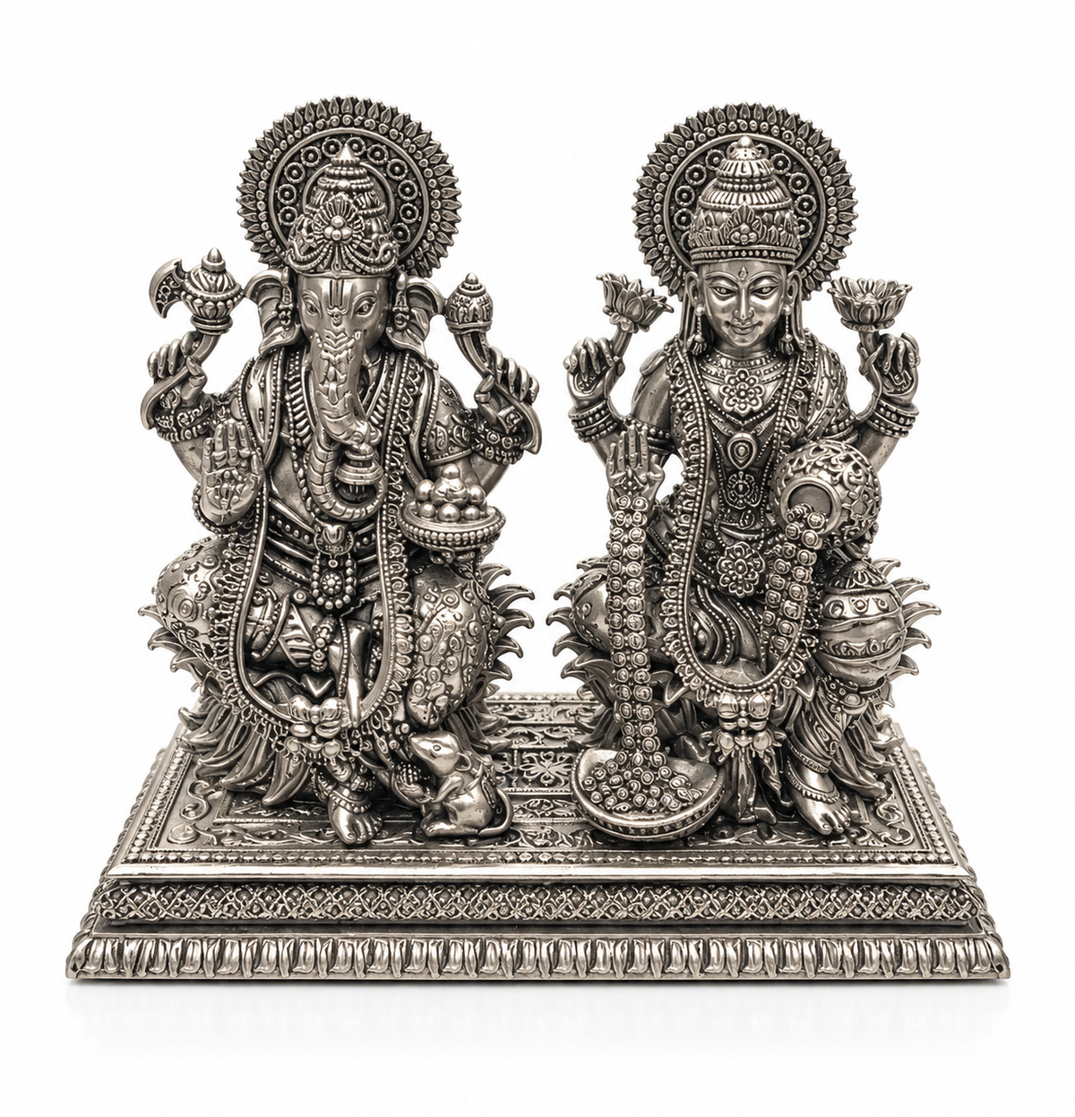 Ganesha & Lakshmi Silver Idol Pair – Intricately Carved Lakshmi Ganesh Murti