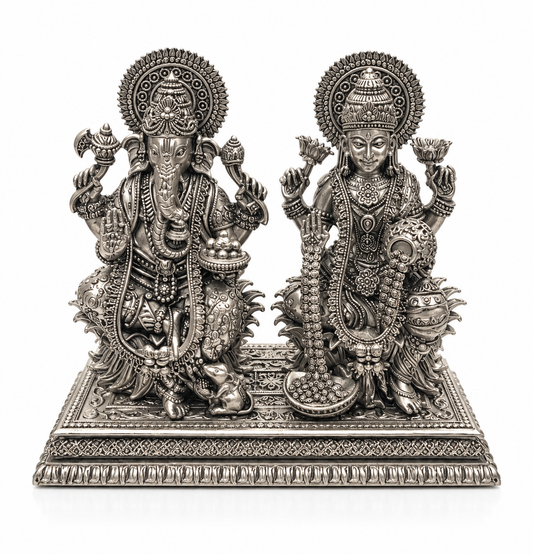 Ganesha & Lakshmi Silver Idol Pair – Intricately Carved Lakshmi Ganesh Murti