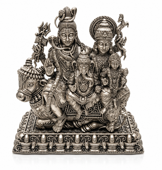 Shiv Parivar Silver Idol – Intricately Detailed Shiv Parivar Murti with Ornate Pedestal