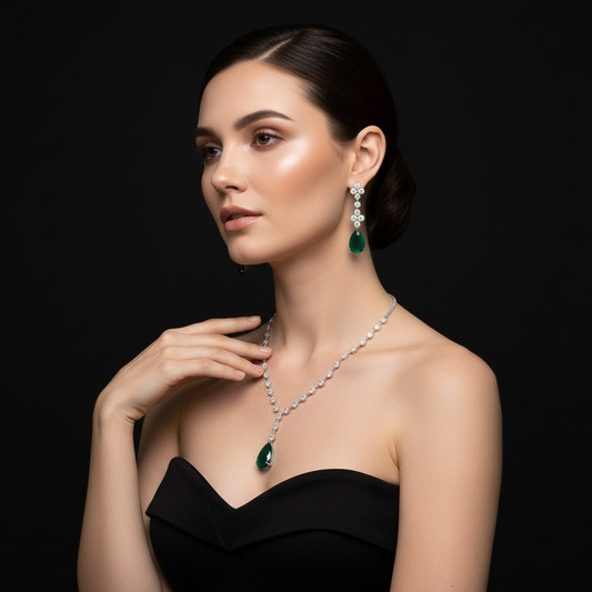 Emerald Teardrop Pendant Necklace Set