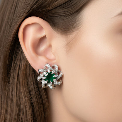 Emerald & Diamond Floral Stud Earrings