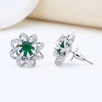 Emerald & Diamond Floral Stud Earrings