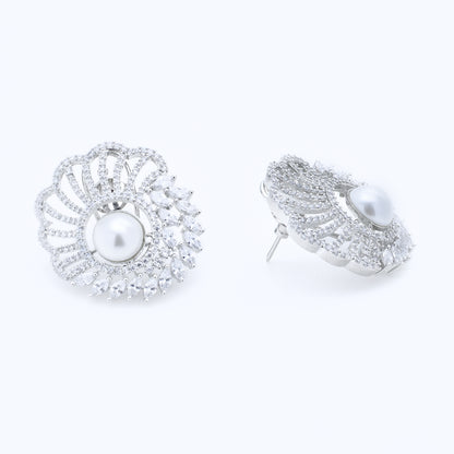 Lustrous Pearl & Diamond Floral Stud Earrings