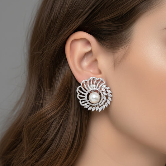 Lustrous Pearl & Diamond Floral Stud Earrings