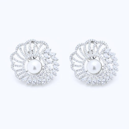 Lustrous Pearl & Diamond Floral Stud Earrings