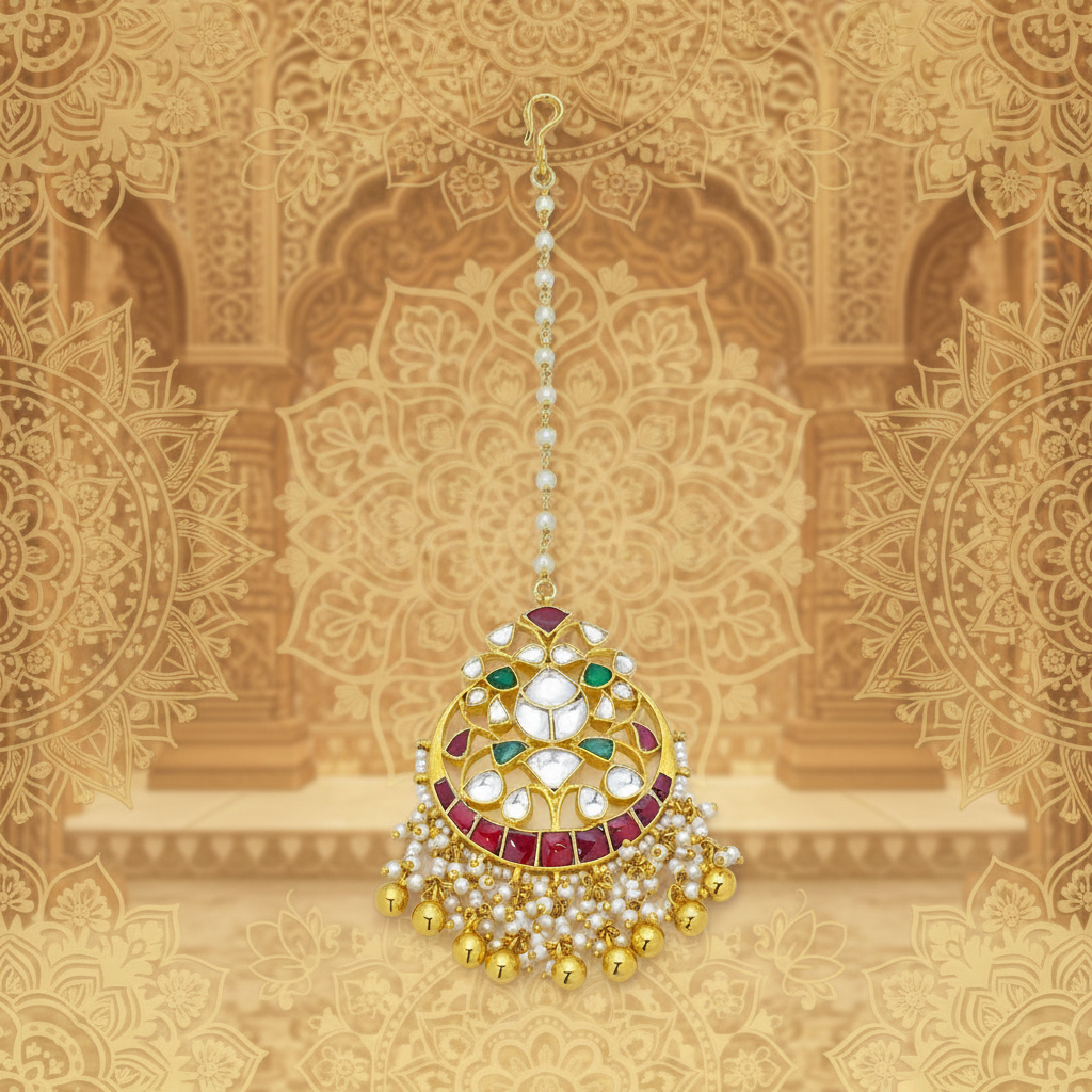 A traditional Indian kundan maang tikka with gold, white, and red stones.