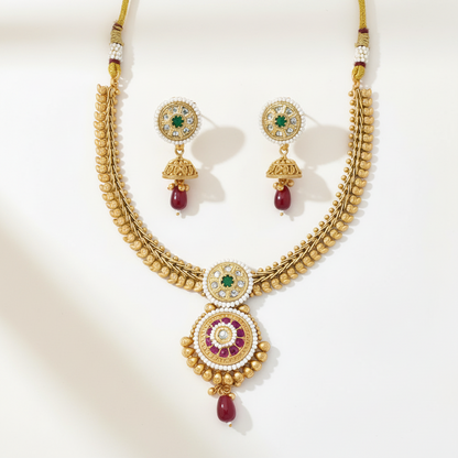 Antique Gold Necklace Set with Emerald and Ruby Drops