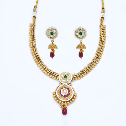 Antique Gold Necklace Set with Emerald and Ruby Drops