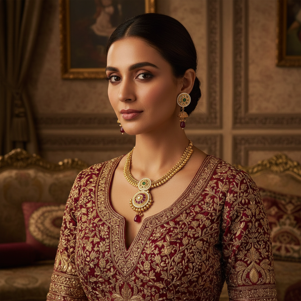 Antique Gold Necklace Set with Emerald and Ruby Drops