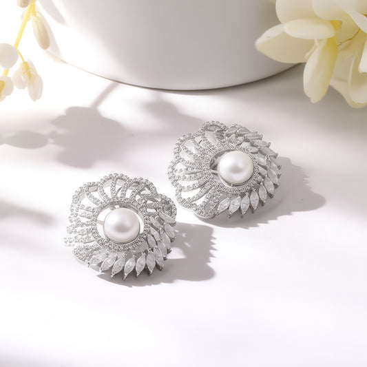 Lustrous Pearl & Diamond Floral Stud Earrings